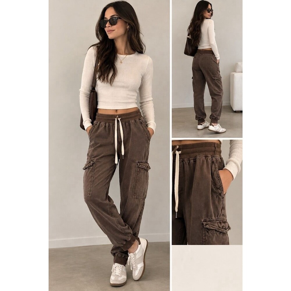 Aerie Cargo Jogger Pants Women Small Brown 100% Lyocell Drawstring Utility S/P